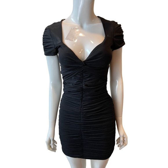 Windsor Women Ruched Bodycon Mini Dress Puffy Shoulders Design Nylon Black Small - Picture 3 of 11
